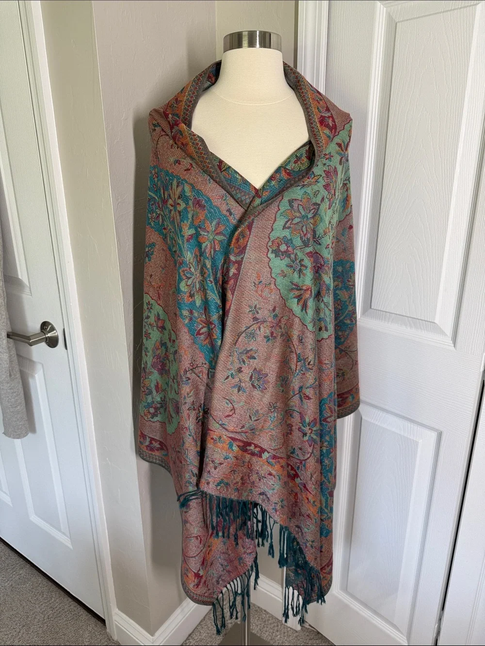 Teal, burgundy maroon and gold paisley print scarf/shawl pashmina